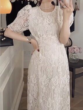 Elegant Cream Lace Midi Dress with Puff Sleeves